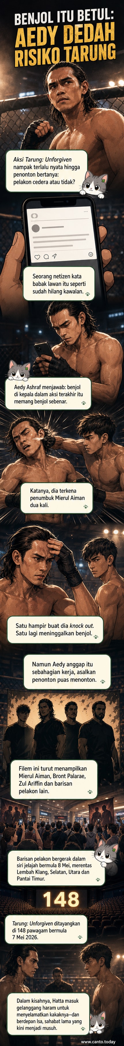 Ilustrasi pelakon Aedy Ashraf dengan benjol di kepala, memegang tangan lawannya dalam aksi pergaduhan filem Tarung: Unforgiven