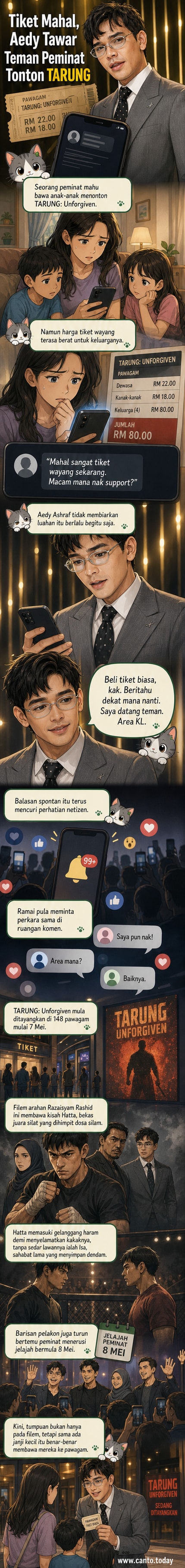 Pelakon Aedy Ashraf tersenyum sambil memegang tiket wayang, dengan latar belakang poster filem TARUNG: Unforgiven yang menampilkan aksi silat.