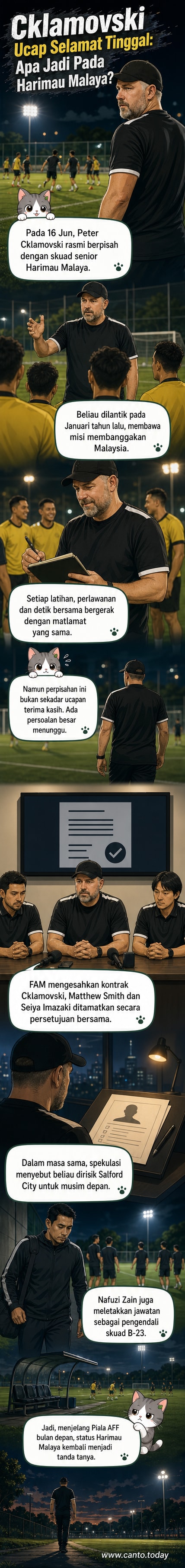 Jurulatih Peter Cklamovski berdiri di tepi padang dengan seragam Harimau Malaya, memberi arahan kepada pemain dalam satu sesi latihan.