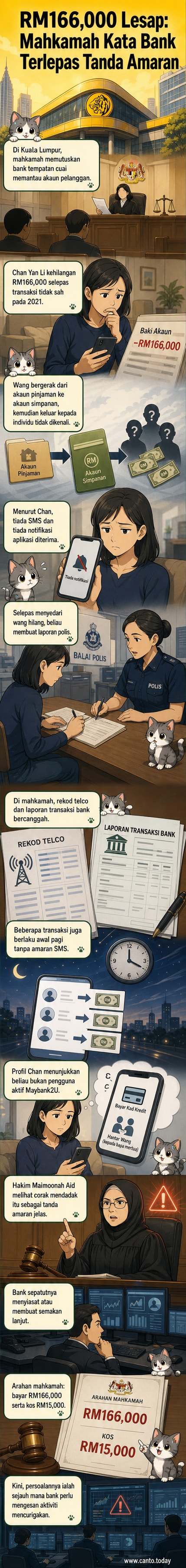 Ilustrasi seorang wanita melihat telefon dengan ekspresi bingung, di latar belakang paparan aplikasi bank menunjukkan transaksi tidak sah dan notifikasi yang tidak muncul