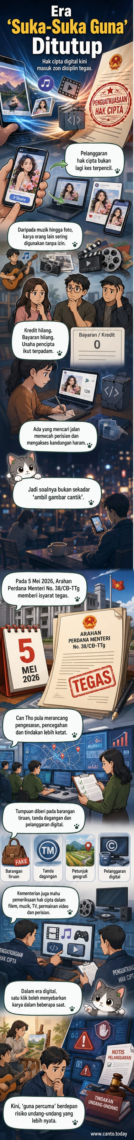 Ilustrasi digital menunjukkan tangan menarik semula karya seni, muzik, dan buku dari aliran data, dengan simbol larangan di atas perkataan 'gunakan jika suka'.