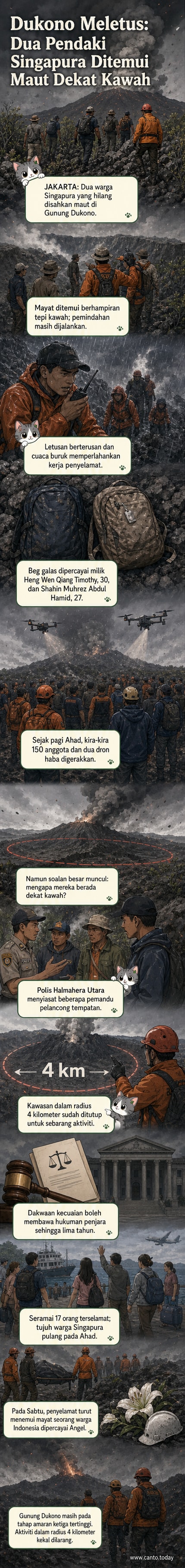 Ilustrasi gunung berapi Dukono meletus dengan abu tebal mengepul ke langit, sementara pasukan penyelamat menggunakan dron mencari mangsa di kawasan berbukit.