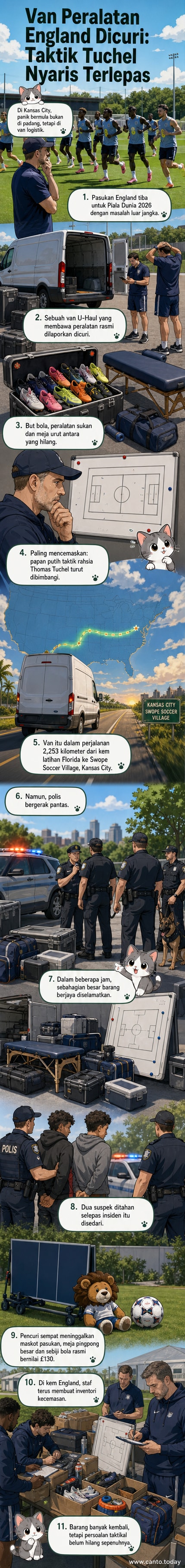 Ilustrasi van sukan dengan logo England yang pecah tingkap, barang-barang berselerak di tepi jalan dengan but bola dan papan putih strategi hilang.