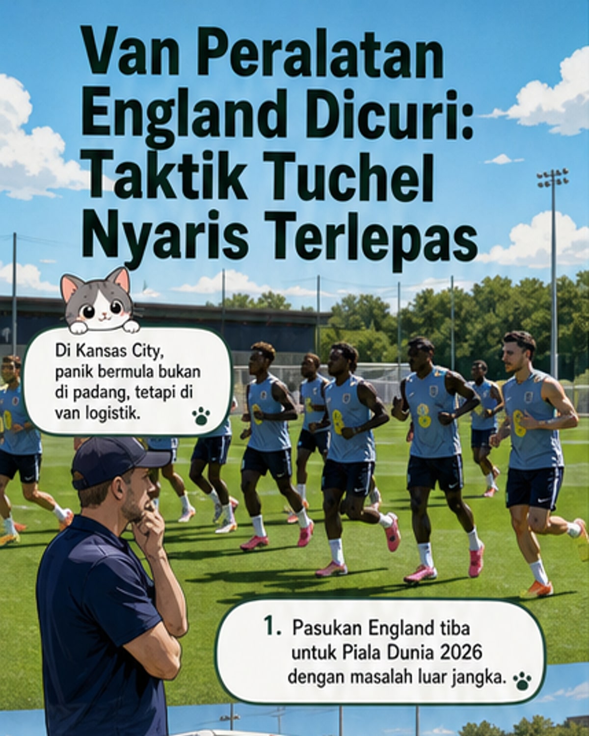 Ilustrasi van sukan dengan logo England yang pecah tingkap, barang-barang berselerak di tepi jalan dengan but bola dan papan putih strategi hilang.