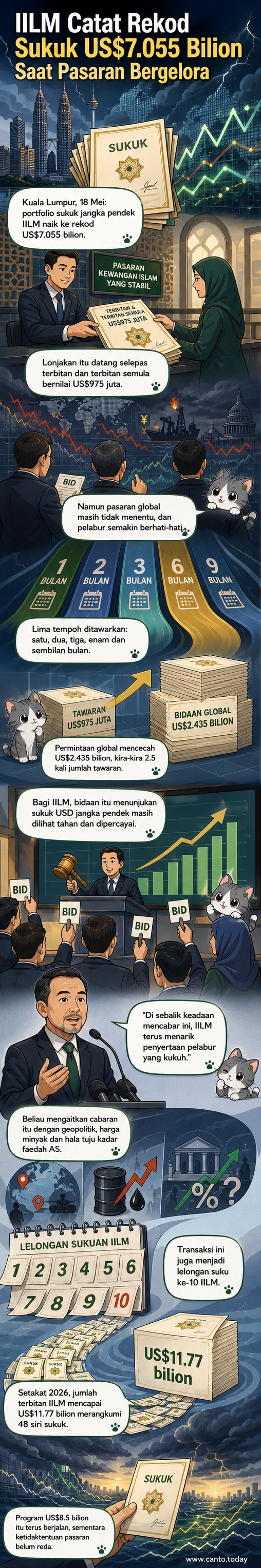 Ilustrasi webtoon menunjukkan grafik naik menunjukkan nilai portfolio sukuk IILM mencapai US$7.055 bilion, dengan latar belakang simbol kewangan global dan cap 'patuh syariah'.