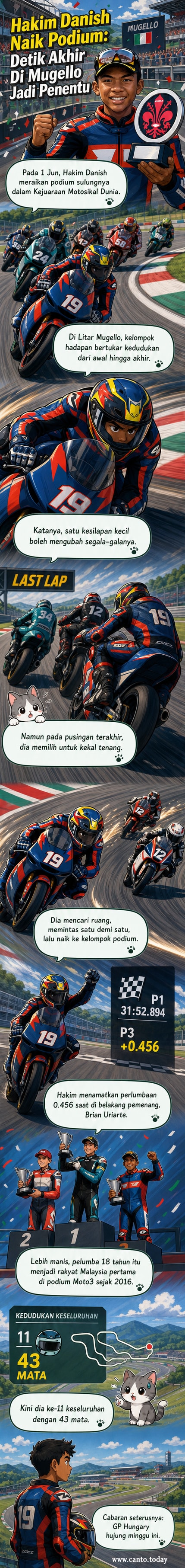 Pelumba muda Malaysia, Hakim Danish, berdiri di podium Moto3 di Litar Mugello dengan bendera Malaysia berkibar, selepas meraih tempat ketiga dalam GP Itali.