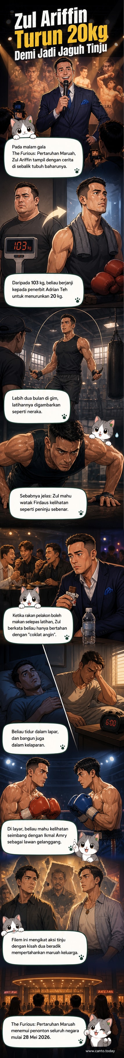 Pelakon Zul Ariffin dalam bentuk badan yang lebih kurus dan bersedia untuk aksi tinju dalam filem The Furious: Pertaruhan Maruah, selepas menurunkan 20kg demi peranan utama.