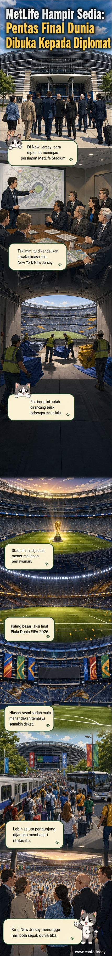 MetLife Stadium dihiasi bendera dan logo rasmi Piala Dunia FIFA 2026, menandakan persiapan untuk menjadi tuan rumah perlawanan final.