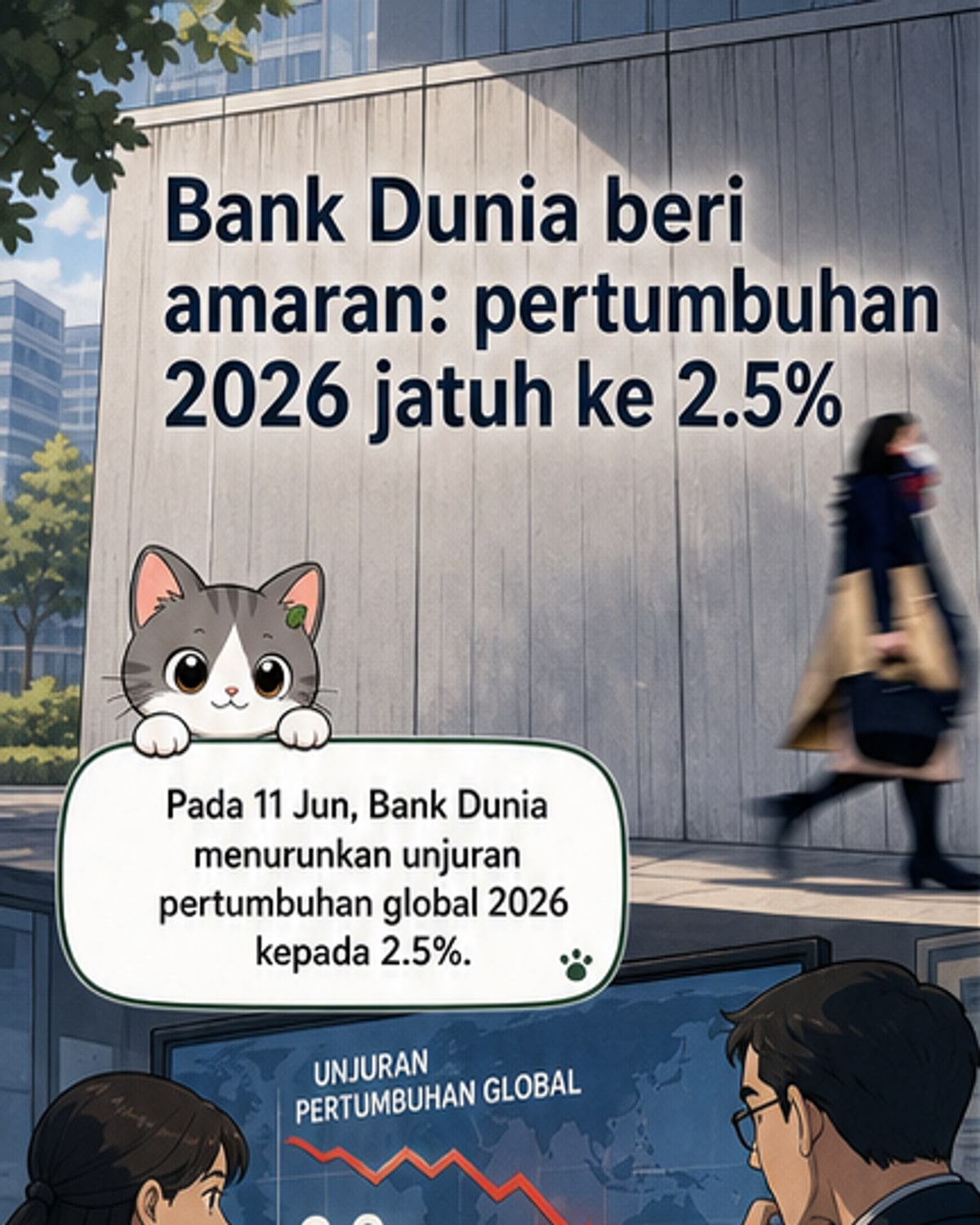 Ilustrasi dunia dengan graf menunjukkan pertumbuhan ekonomi melambat pada 2026, dengan fokus pada Asia Selatan, AS, dan Eropah.