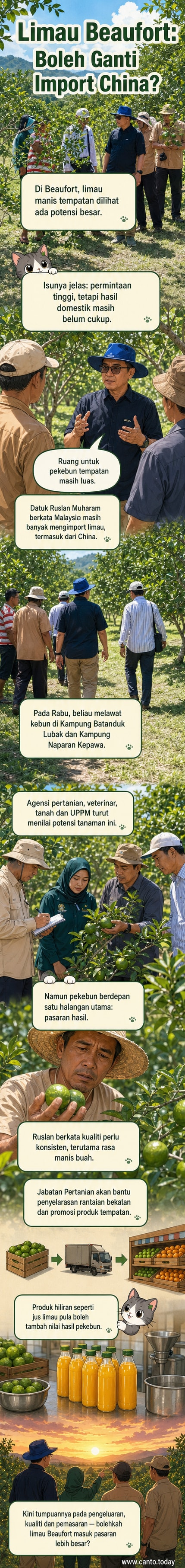 Petani memetik limau manis di ladang Beaufort, Sabah, di bawah langit biru pagi.