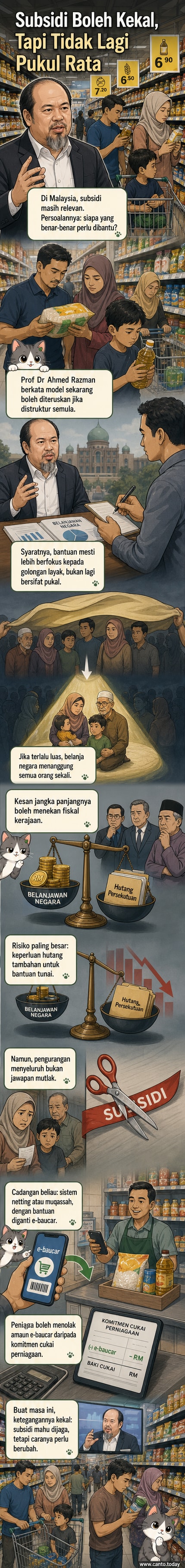 Ilustrasi seorang pakar ekonomi menunjukkan carta struktur subsidi sedia ada dan cadangan sistem e-baucar untuk peniaga kecil di Malaysia