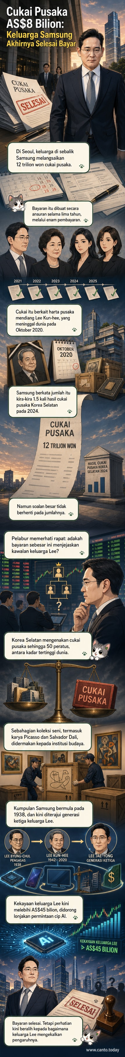 Ilustrasi keluarga Lee dari Samsung menyerahkan dokumen bayaran cukai pusaka besar ke pejabat kerajaan, dengan latar belakang gedung Samsung Electronics dan karya seni Picasso.