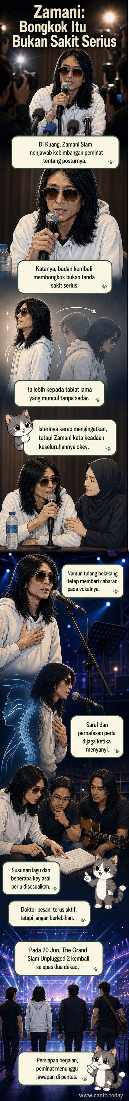 Zamani Slam berdiri di sidang media dengan postur membongkok, dikelilingi kru dan media di Rumah Kayu 1928, Kuang.