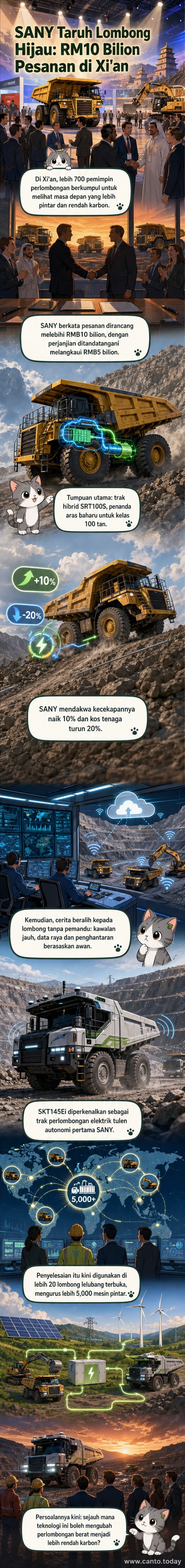 Ilustrasi trak perlombongan hibrid SANY SRT100S di lanskap lombong terbuka dengan sistem autonomi dan panel suria di latar belakang.