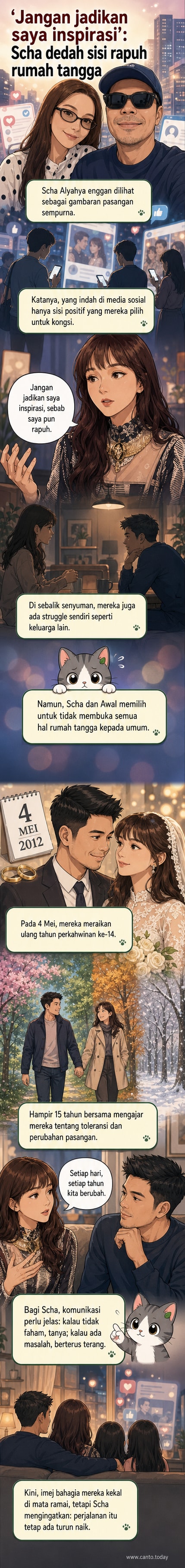 Ilustrasi pasangan selebriti Scha Alyahya dan Awal Ashaari bersama anak-anak mereka, dengan latar belakang gambar media sosial yang sempurna berbanding ruang rumah yang menunjukkan kehidupan sebenar yang lebih rumit.