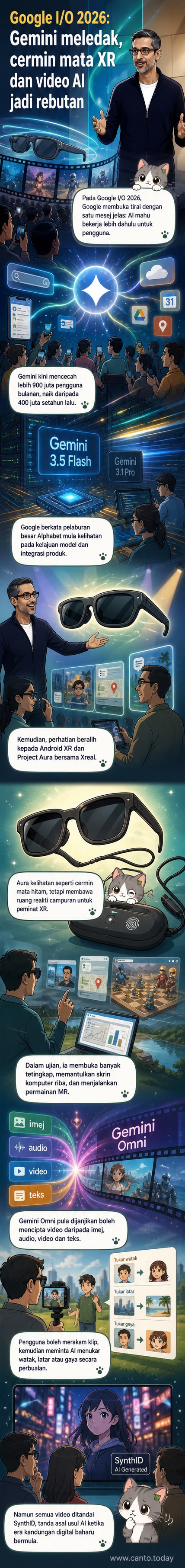 Ilustrasi cermin mata pintar Project Aura dan antara muka AI Gemini Omni yang menunjukkan penciptaan video daripada pelbagai input.