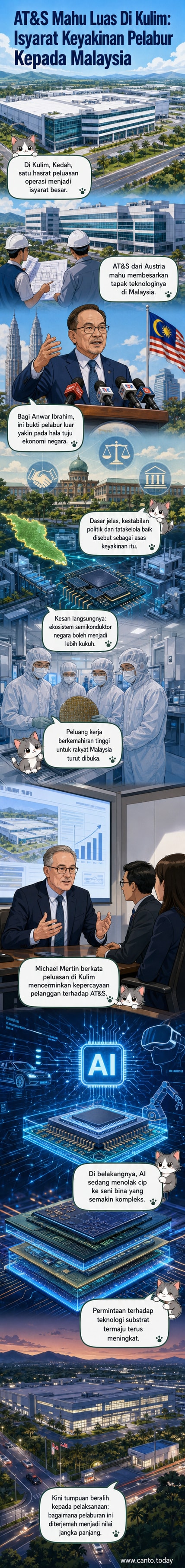 Ilustrasi pabrik semikonduktor moden di Kulim dengan logo AT&S dan latar belakang peta Malaysia menunjukkan lokasi Kedah.