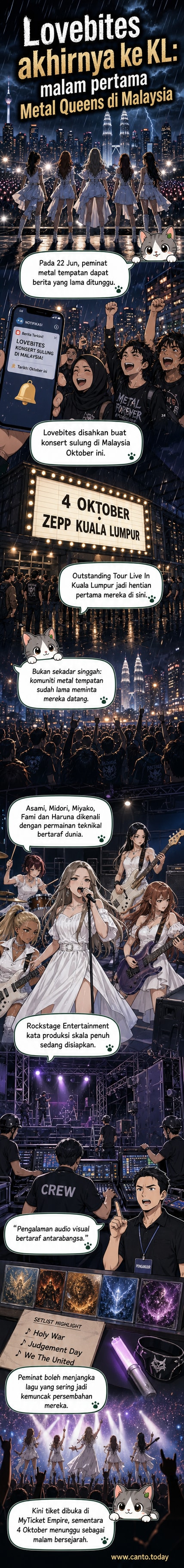 Poster konsert Lovebites di Kuala Lumpur menunjukkan lima wanita pemuzik dengan estetika metal, latar belakang gelap dan elemen api serta logo band bergaya gothic.