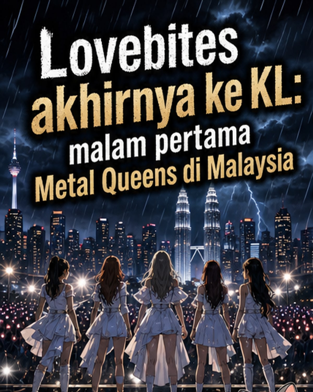 Poster konsert Lovebites di Kuala Lumpur menunjukkan lima wanita pemuzik dengan estetika metal, latar belakang gelap dan elemen api serta logo band bergaya gothic.