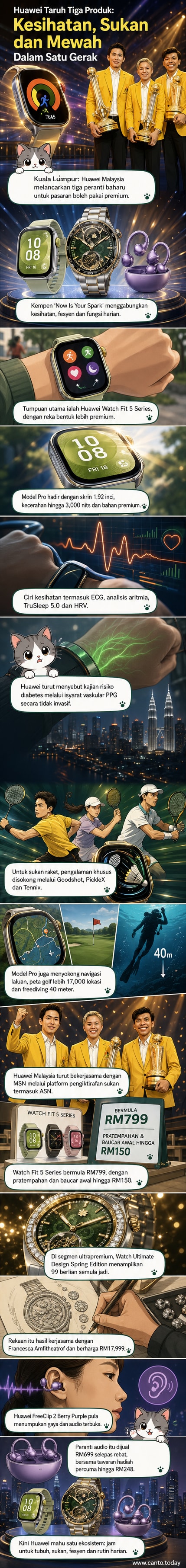 Tiga peranti baharu Huawei: jam tangan pintar Watch Fit 5, Watch Ultimate Design dengan berlian, dan fon telinga FreeClip 2 warna ungu.