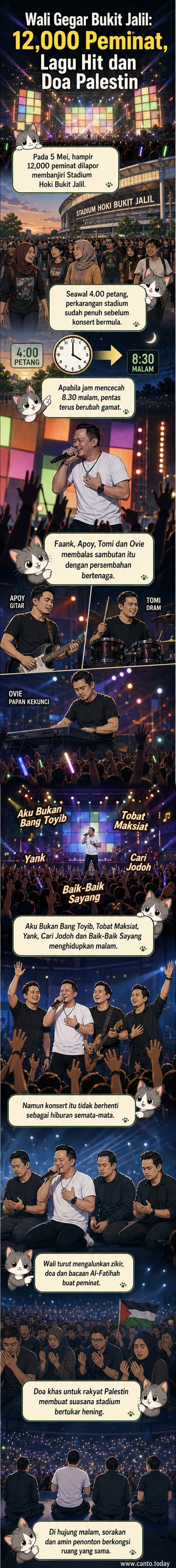Stadium penuh penonton dengan lampu wayang dan pentas bercahaya, Wali Band sedang beraksi di tengah konsert di Bukit Jalil.