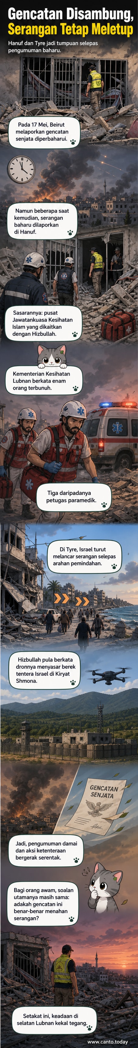 Pasukan keselamatan memeriksa bangunan yang musnah akibat serangan udara di Tyre, Lubnan, dengan debaru dan runtuhan di sekitar lokasi.