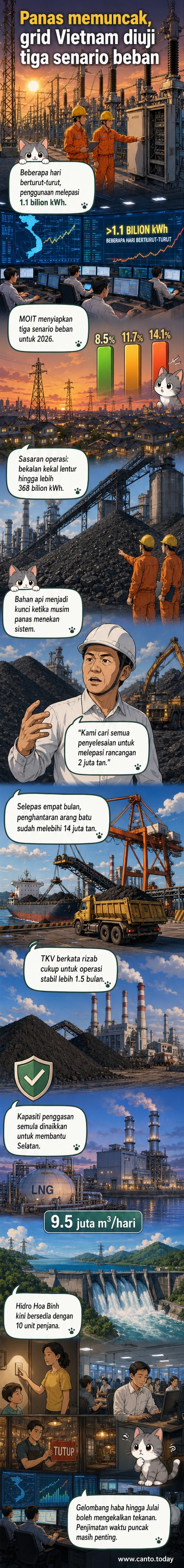 Ilustrasi grid elektrik Vietnam dengan loji arang batu, turbin gas, dan tenaga solar serta hujan petir menunjukkan tekanan musim panas.