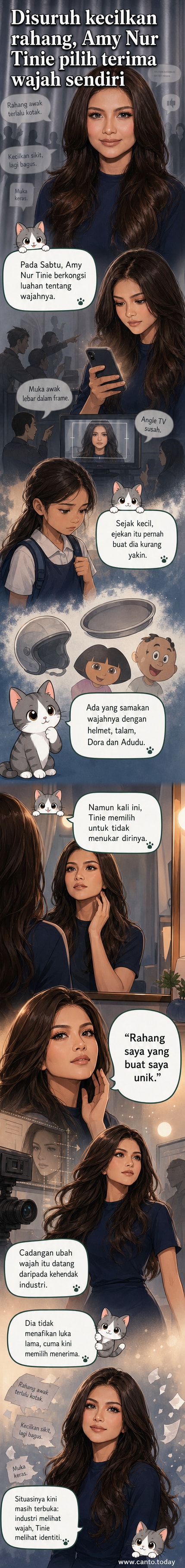 Ilustrasi pelakon Amy Nur Tinie dengan ekspresi yakin, latar belakang wajah kartun Dora The Explorer dan Adudu sebagai perbandingan masa lalu.