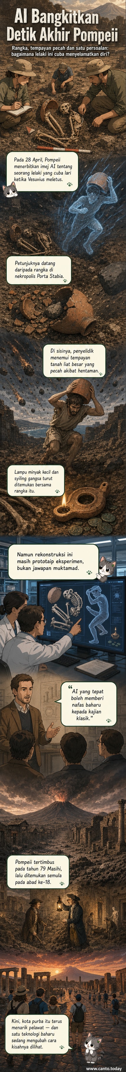 Rekaan AI menunjukkan seorang lelaki purba berlari membongkok memegang bekas di kepala, latar belakang letusan Gunung Vesuvius dengan langit gelap dan abu tebal.