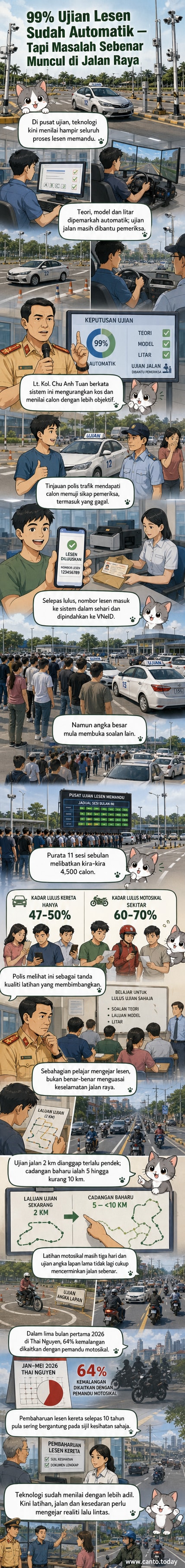Ilustrasi ujian memandu automatik di Vietnam dengan sistem penilaian digital dan lesen digital di telefon.