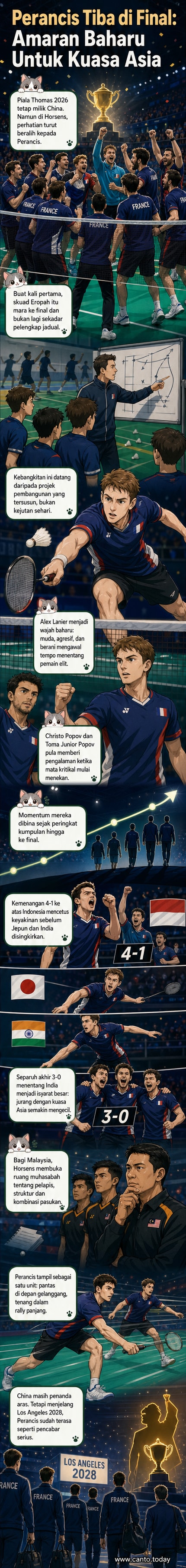Pasukan badminton Perancis beraya selepas menang ke final Piala Thomas 2026, latar belakang penonton dan bendera negara.