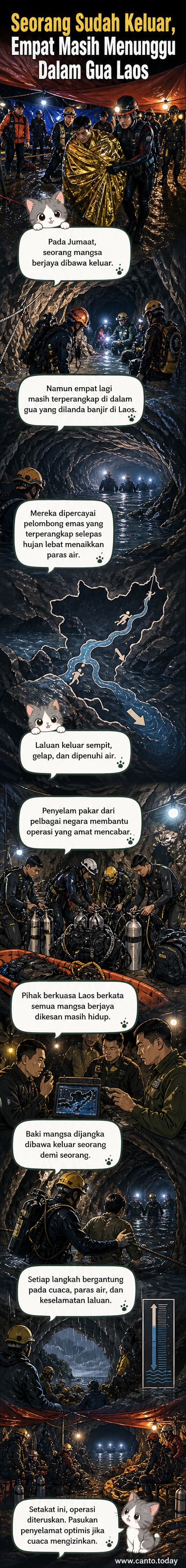 Ilustrasi webtoon menunjukkan pasukan penyelamat menyusuri laluan sempit dalam gua yang dinaiki air, dengan seorang mangsa sedang dibawa keluar menggunakan peralatan khas di bawah cahaya lampu terang.