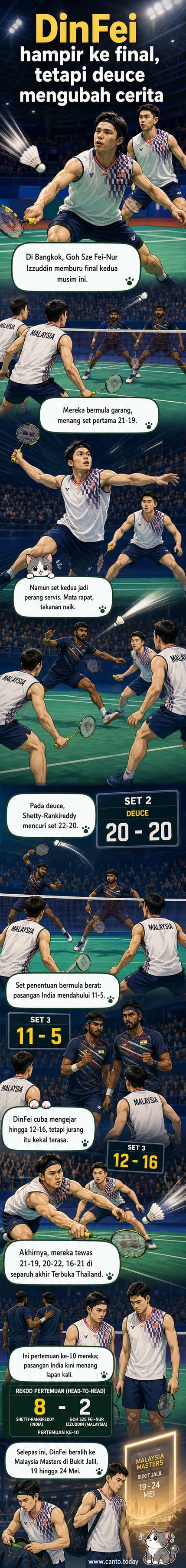 Pasangan badminton Malaysia, Goh Sze Fei dan Nur Izzuddin, tersingkir di separuh akhir Thailand Terbuka setelah tewas kepada pasangan India dalam perlawanan tiga set sengit.
