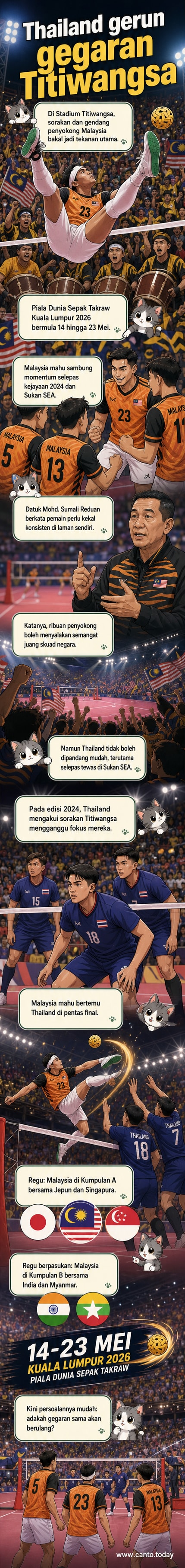 Stadium Titiwangsa dipenuhi penyokong Malaysia memegang bendera dan menabuh gendang, mencipta suasana 'perang' menjelang perlawanan Piala Dunia Sepak Takraw 2026.