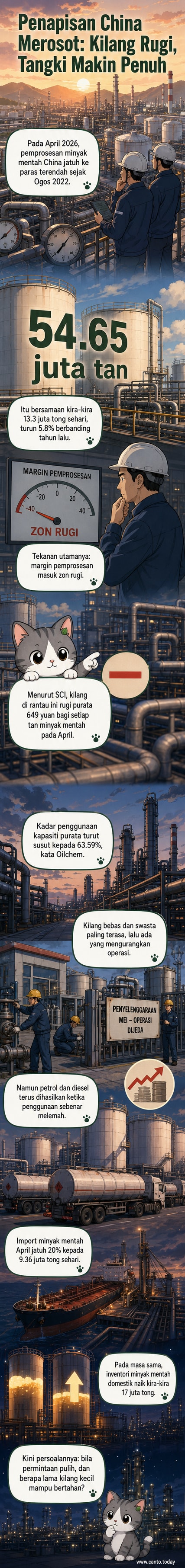 Graf menunjukkan penurunan output penapisan minyak mentah di China pada April 2026 ke paras terendah sejak 2022, bersamaan 13.3 juta tong sehari, dengan kerugian pemprosesan dan penurunan import minyak mentah.