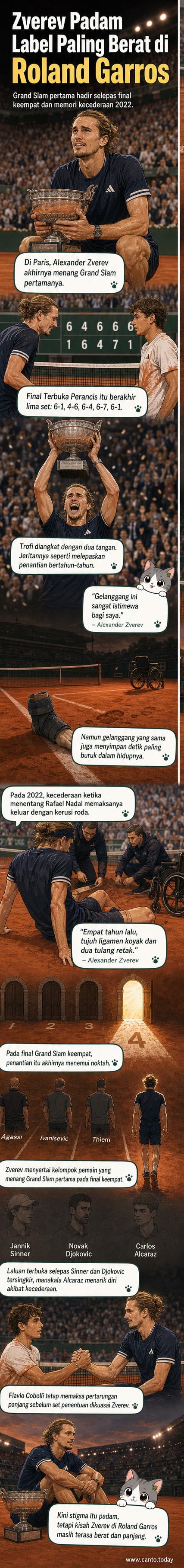 Alexander Zverev mengangkat trofi Coupe des Mousquetaires di tengah gelanggang Roland Garros, disaksikan penonton yang bersorak.