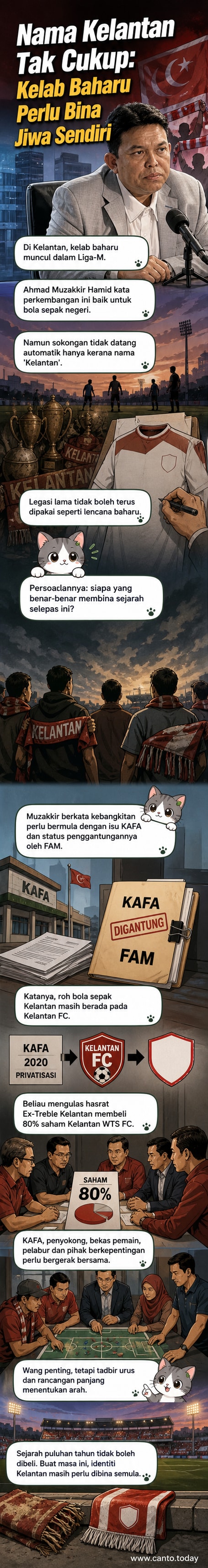 Ilustrasi dua pasukan bola sepak Kelantan berdiri di padang dengan latar belakang stadium dan penyokong, satu memakai jersi lama, satu lagi jersi baharu, simbolisasi identiti yang berbeza.