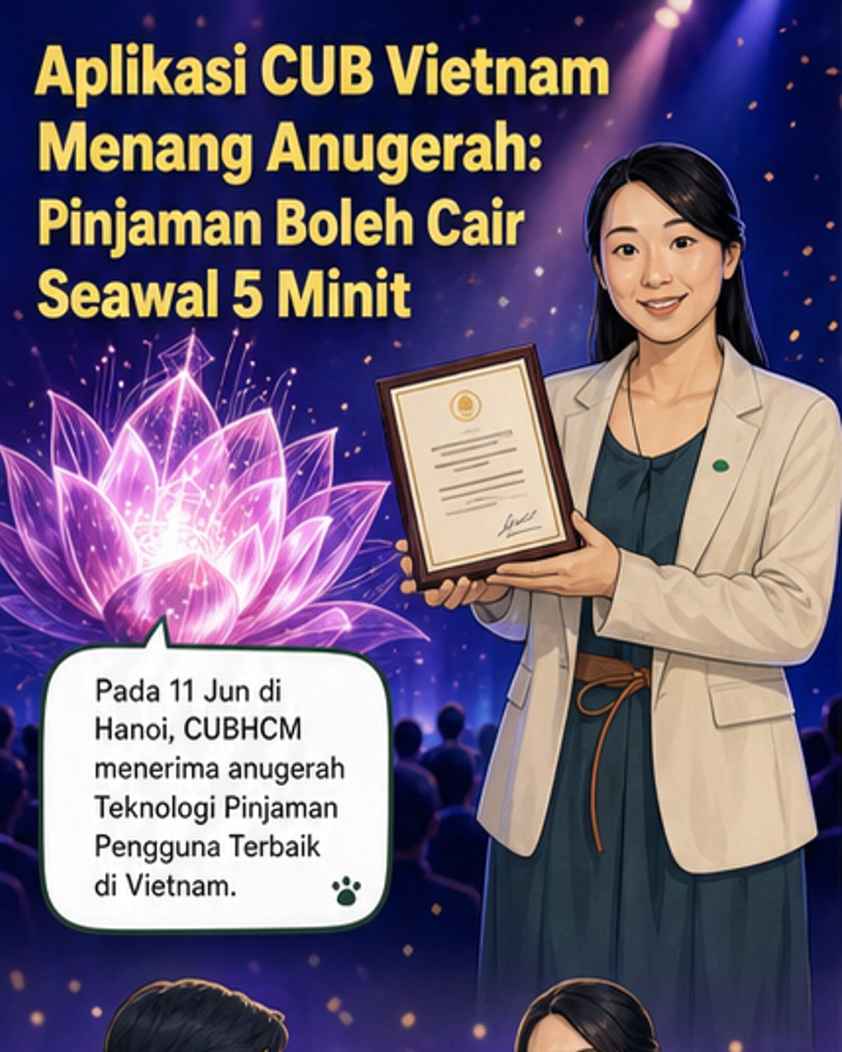 Lelaki dan wanita melihat telefon pintar yang menunjukkan aplikasi perbankan dengan antara muka pinjaman cepat, latar belakang bangunan bandar moden Ho Chi Minh City