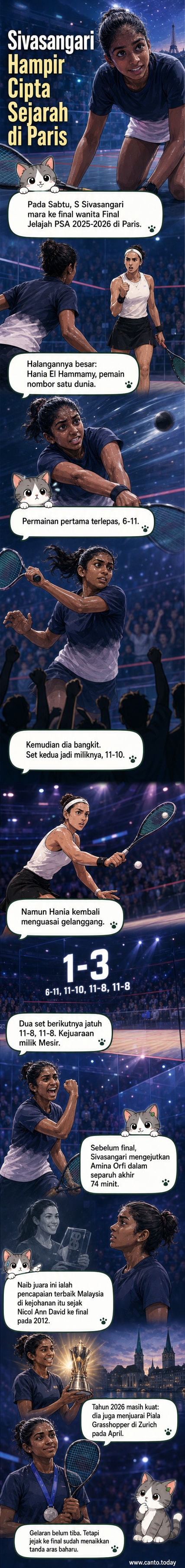 Pemain skuasy wanita Malaysia, Sivasangari, beraksi dalam perlawanan akhir Final Jelajah PSA di Paris, memakai jersi kebangsaan dengan semangat tinggi walaupun tewas kepada Hania El Hammamy dari Mesir.