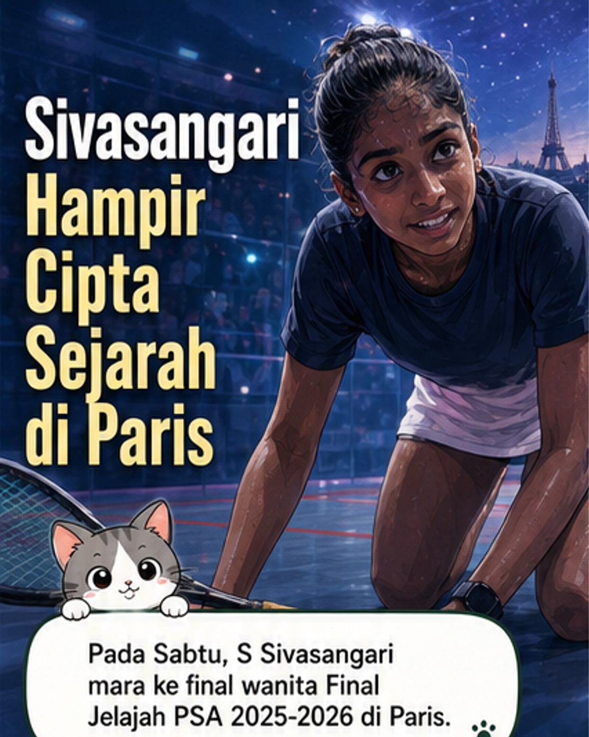 Pemain skuasy wanita Malaysia, Sivasangari, beraksi dalam perlawanan akhir Final Jelajah PSA di Paris, memakai jersi kebangsaan dengan semangat tinggi walaupun tewas kepada Hania El Hammamy dari Mesir.