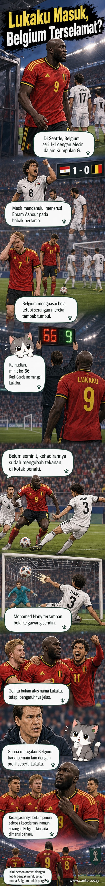Romelu Lukaku berlari di padang rumput dalam jersi merah Belgium, menunjukkan tekanan terhadap pemain Mesir dalam aksi Piala Dunia 2026.