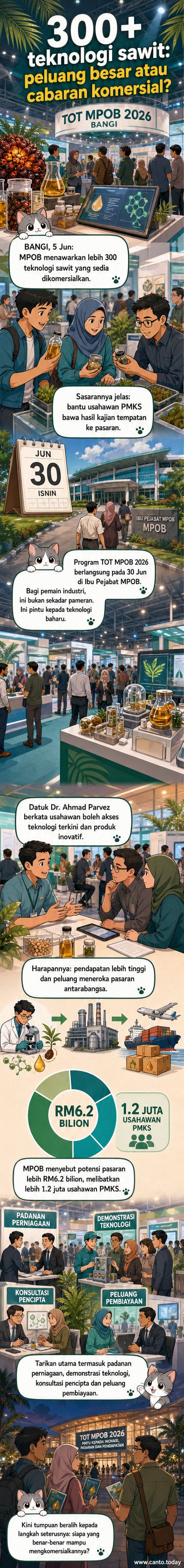 Latar belakang pameran teknologi sawit dengan pelbagai produk inovatif dipamerkan, termasuk mesin, bahan biodegradabel, dan makanan berasaskan kelapa sawit, di Program TOT MPOB 2026.
