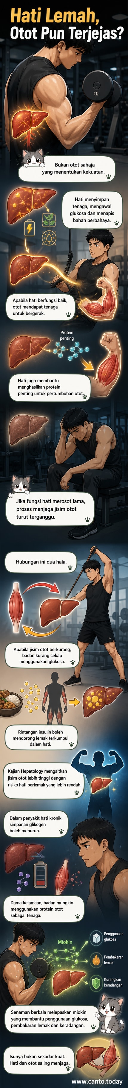 Ilustrasi menunjukkan hubungan dua hala antara hati dan otot — panah dari hati ke otot menunjukkan sokongan metabolik, dan panah sebaliknya menunjukkan kesan otot pada kesihatan hati.