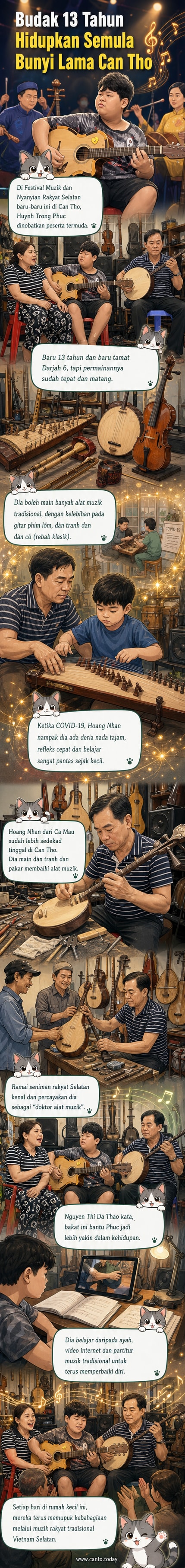 Remaja Vietnam bermain biola klasik di tengah rumah penuh alat muzik tradisional, ditemani bapanya yang sedang membaiki sitar.