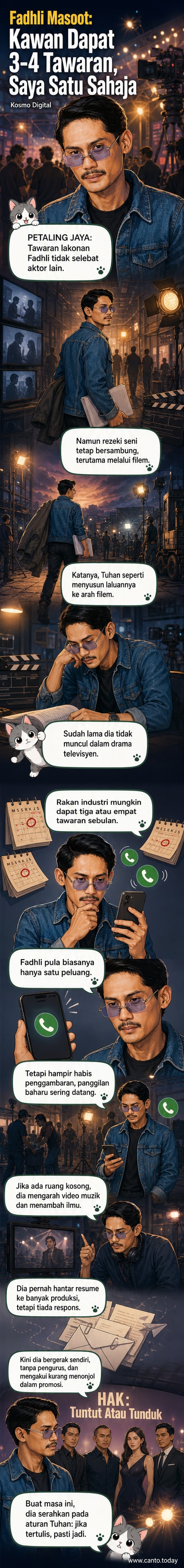 Pelakon Fadhli Masoot berdiri di hadapan poster filem HAK: Tuntut Atau Tunduk, wajahnya menunjukkan ketenangan dan refleksi terhadap perjalanan kerjayanya dalam industri hiburan.