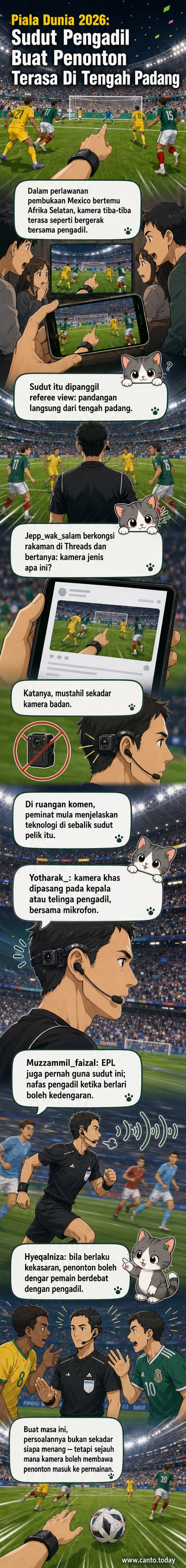 Ilustrasi pengadil bola sepak memakai kamera kecil di telinga, dengan aliran siaran langsung dari sudut pandangannya di tengah padang.
