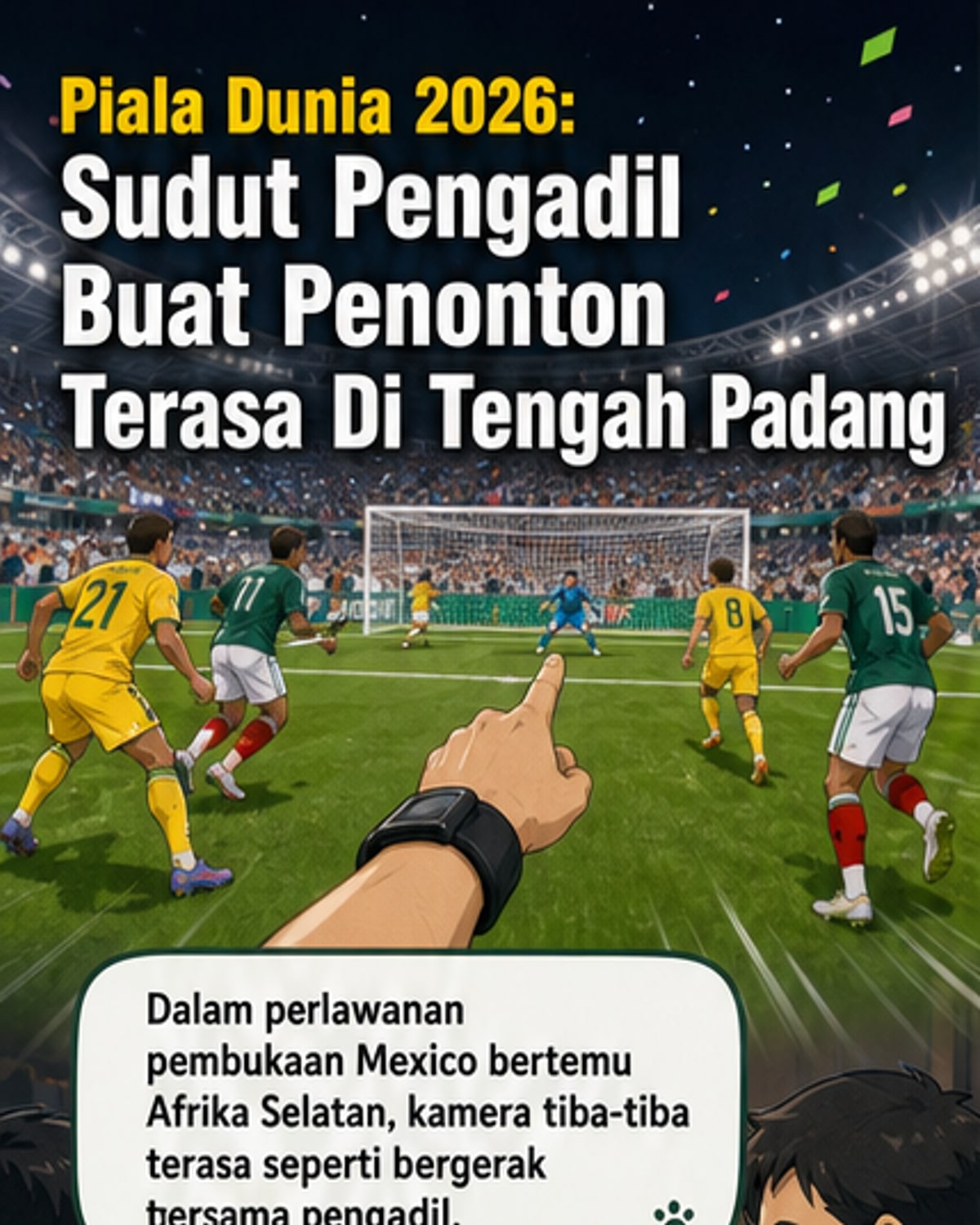 Ilustrasi pengadil bola sepak memakai kamera kecil di telinga, dengan aliran siaran langsung dari sudut pandangannya di tengah padang.