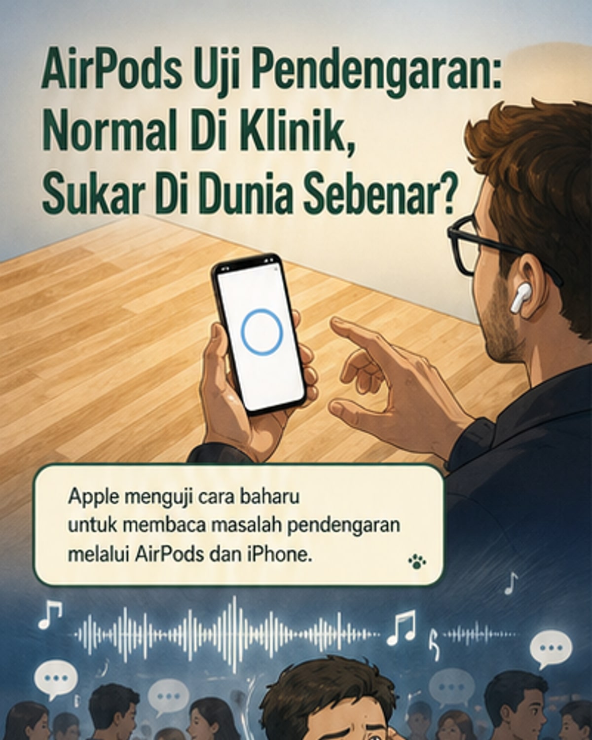 Ilustrasi seorang lelaki tua memakai AirPods sambil berjalan perlahan di taman, dengan data pendengaran dan kelajuan berjalan ditunjukkan di skrin telefon.