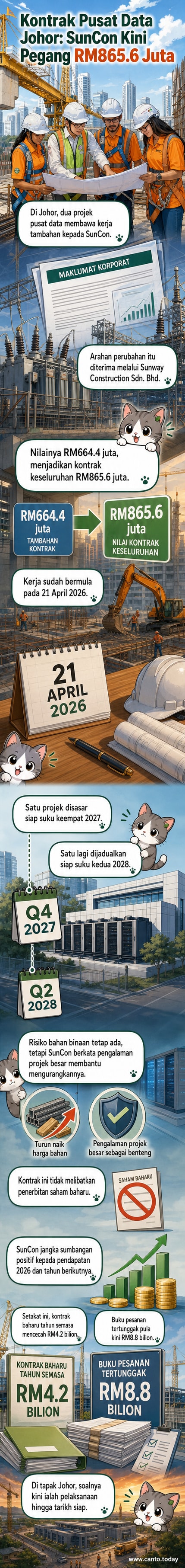 Ilustrasi dua pusat data moden di kawasan industri Johor dengan kabel elektrik dan struktur pencawang, di latar belakang kontraktor memakai topi keledar sedang memeriksa pelan.