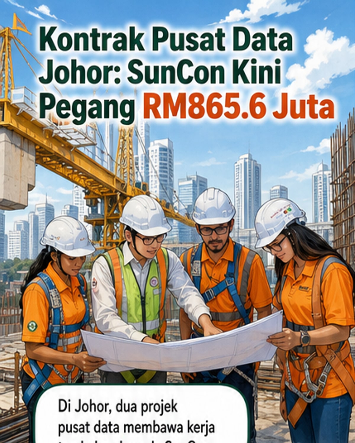 Ilustrasi dua pusat data moden di kawasan industri Johor dengan kabel elektrik dan struktur pencawang, di latar belakang kontraktor memakai topi keledar sedang memeriksa pelan.